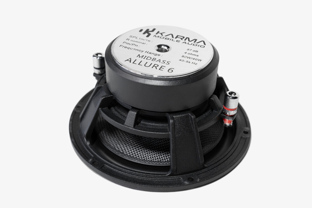 Karma Mobile Audio Allure 6 six inch car audio midbass speaker driver upside down side view of both terminals at an angle
