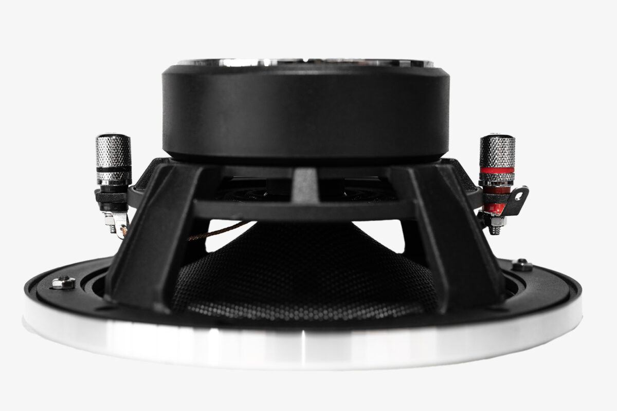 Karma Mobile Audio Allure 6 six inch car audio midbass speaker driver upside down side view of both terminals