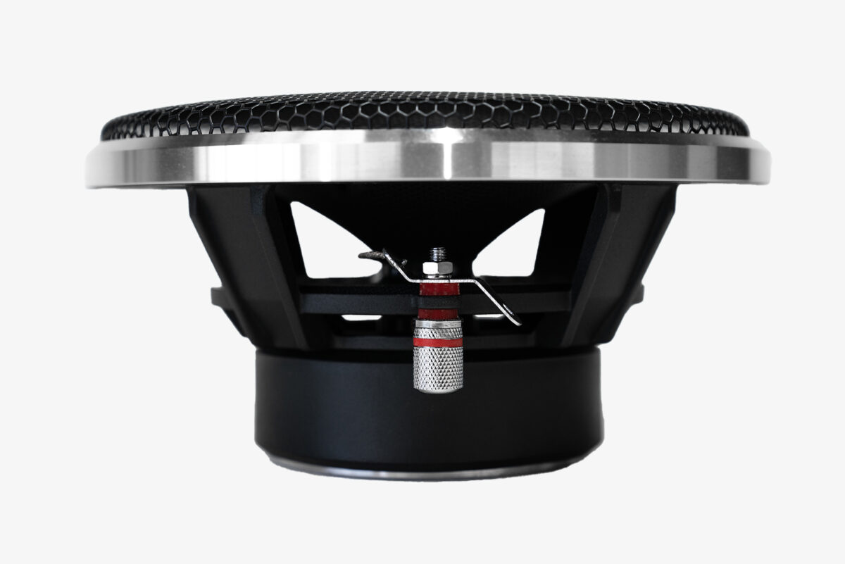 Karma Mobile Audio Allure 6 six inch car audio midbass speaker driver side view of terminal with grille installed.