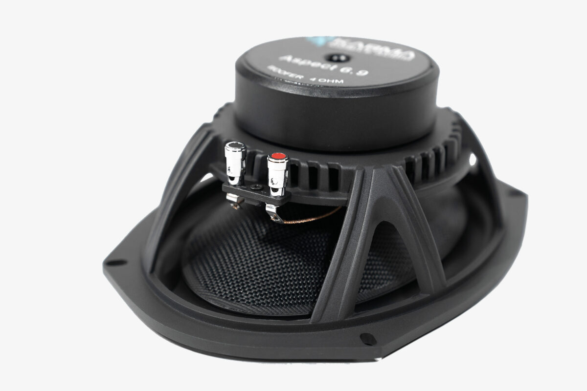 Karma Mobile Audio Aspect 6.9 6x9 Midbass driver close up. 6x9 woofer speaker for car audio.