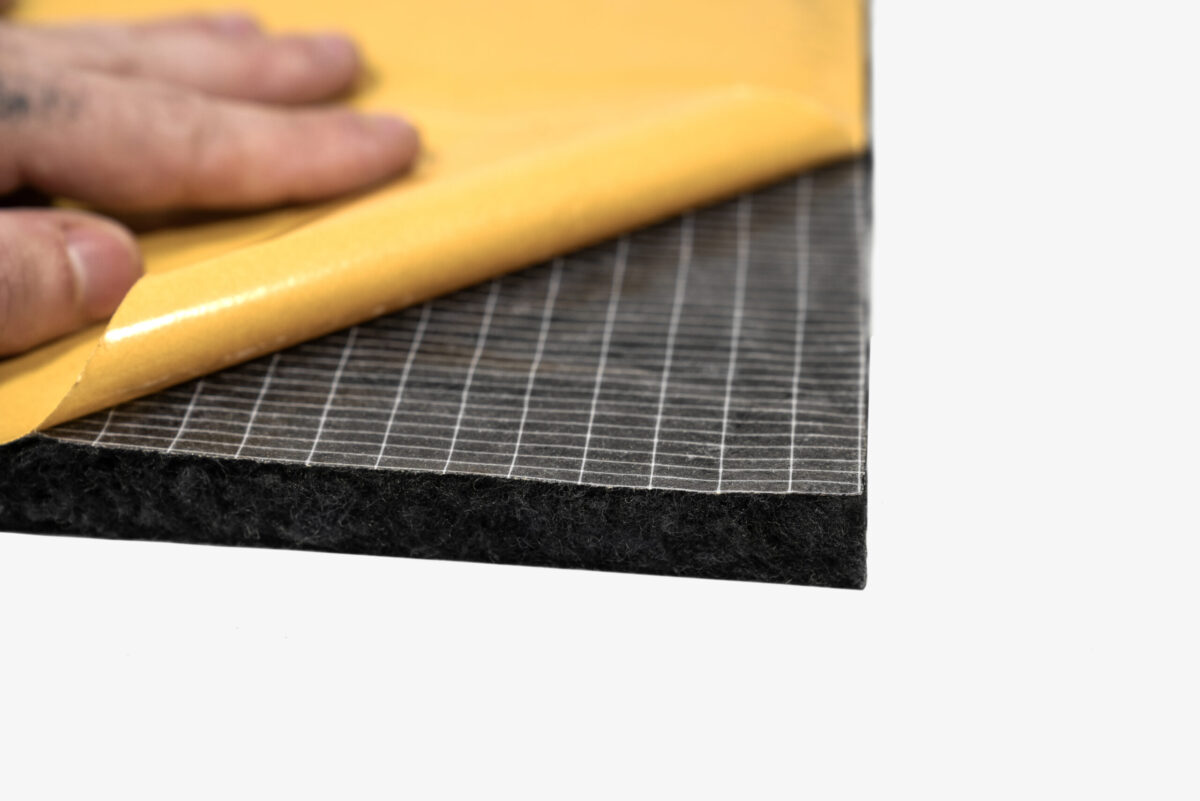 Adhesive backing of ResoNix Sound Solutions Fiber Mat Black Edition. This is a Car, Automotive, Marine, aviation, and industrial Sound Absorber that is also used as Sound Deadening Foam