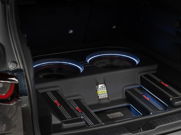 Custom Car Audio System in the trunk of miguel rios of waveform tuning, a travelling car audio dsp tuning service, demo car. A Mazda CX90