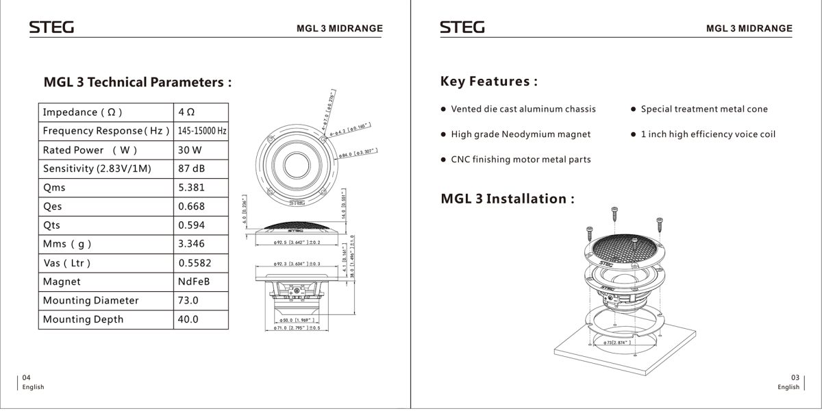 Steg Master Stroke MGL3 3.5 Inch Wideband Speaker Technical Specifications